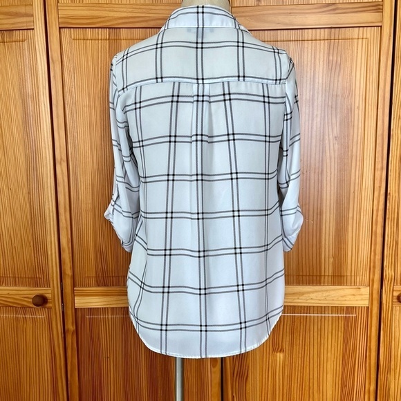 Fortune & Ivy Small White Black Plaid Windowpane Button Front Blouse Roll Tab - Picture 4 of 10